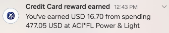 Credit Card reward earned from spending at FPL $16.70