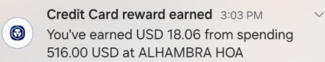 Credit Card reward earned from spending at Alhambra HOA for $18.06